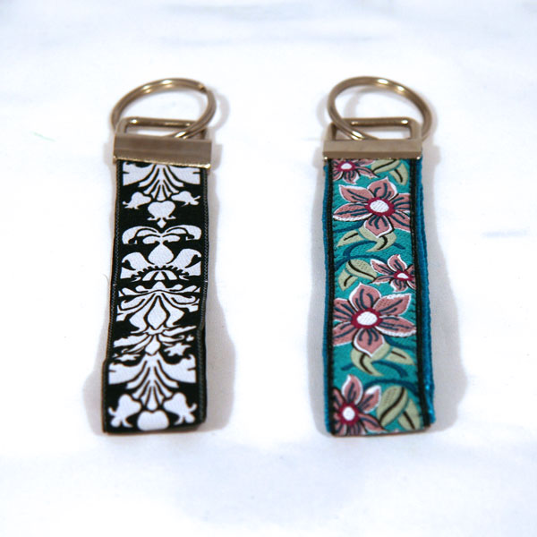 Black and white Paisley and blue floral key fobs finished product