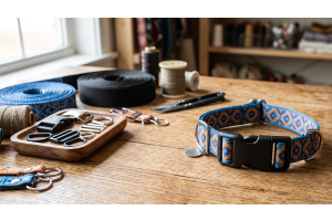 A pet collar with a tray of crafting hardware on a table