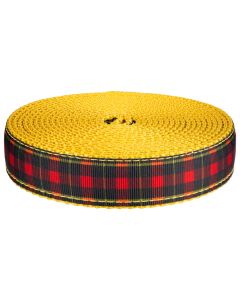 3/4 Inch Black And Red Plaid on Gold Nylon Webbing