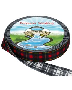 5/8 Inch Black and Red Plaid Recycled Polyester Webbing, 20 Yards