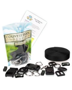 A branded bag with black webbing, plastic, metal hardware and how to instructions