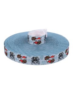 This fun tattoo-style design features a skull, crossbones, red roses, and an "I Love Mom" heart on a cool steel-blue background with a sweet heart pattern.