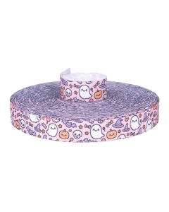 Roll of grosgrain ribbon featuring a cute pink Halloween pattern with ghosts, pumpkins, skulls, witch hats, and candy accents