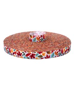 White ribbon with fall like leaves floating, green, blue, orange, red different shaped leaves. 