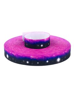 Different shades of purple flow throughout while tiny white stars dance about on the foreground