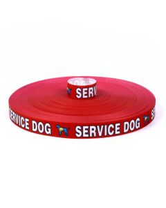 Red ribbon with service dog written in big letters along with a blue dog around the ribbon