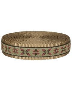 Jaquard ribbon with pink and brown florals sewn onto it sewn onto copper gold nylon webbing