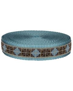 Ocean blue nylon webbing with Brown and blue plaid patterned jacquard ribbon sewn onto it