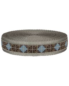 Silver nylon webbing with Brown and blue plaid patterned jacquard ribbon sewn onto it