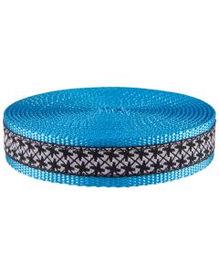 White jacquard ribbon with black pinwheels sewn onto ice blue nylon webbing