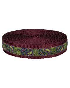 Burgundy nylon webbing with green jacquard ribbon with blue and purple paisley sewn onto it