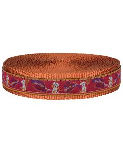 Orange nylon webbing with red jacquard ribbon sewn onto it with dogs with angel wings and devil horns and hearts with "my little devil" and "my little angel" sewn onto the ribbon