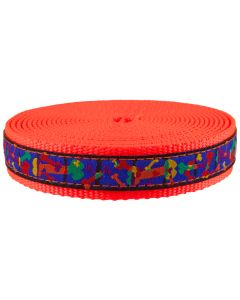 Neon orange nylon webbing with blue jacquard ribbon that has sewn on cartoon dog bones that are multicolored sewn onto it