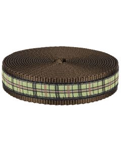 Brown nylon webbing with green jacquard plaid ribbon sewn onto it