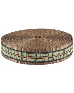 Coyote tan nylon webbing with green jacquard plaid ribbon sewn onto it