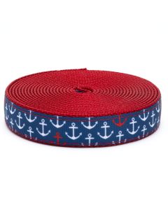 Blue grosgrain ribbon with white and red anchors printed on it sewn onto red nylon webbing