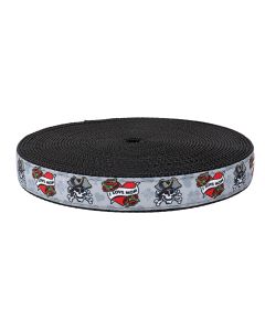 Grey webbing with skulls, crossbones, red roses, and an "I Love Mom" on black nylon webbing