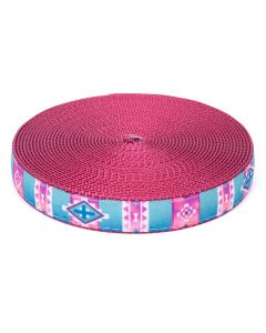 Albuqueque ribbon sewn onto rose colored nylon webbing