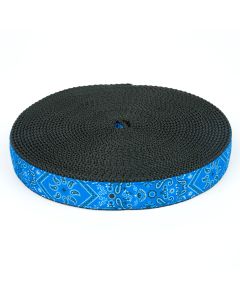 Blue grosgrain ribbon with bandana print on it sewn onto black nylon webbing
