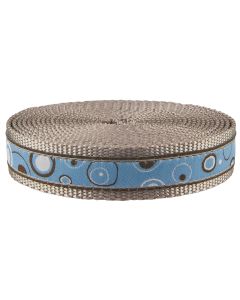 Blue jacquard ribbon with brown and blue bubbles sewn onto silver nylon webbing