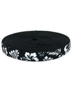 Black grosgrain ribbon with white Hawaiian florals printed on it sewn onto black nylon webbing