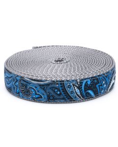 Blue Paisley ribbon sewn to silver nylon