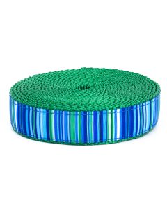 Grosgrain ribbon with different shades of blue and green stripes printed on it sewn onto Christmas green nylon webbing
