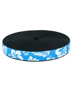 Blue with white Hawaiian flowers sewn on black nylon