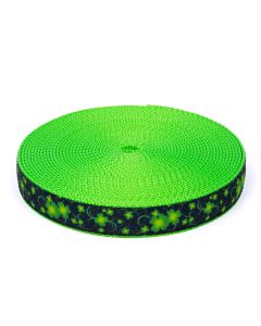 Roll of hot green webbing with black ribbon, with green clover designs