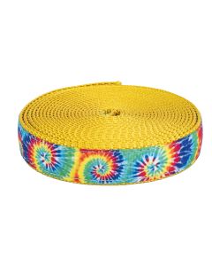 Classic tie dye style grosgrain ribbon sewn onto gold nylon webbing