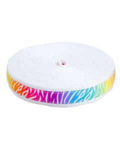 Rainbow gradient grosgrain ribbon with white zebra stripes printed over it sewn on white nylon webbing