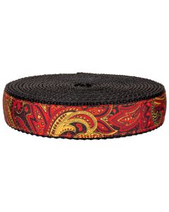 Red and orange paisley patterns on grosgrain ribbon sewn onto black nylon webbing