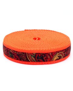 1 Inch Fire Paisley Ribbon on Neon Orange Nylon Webbing Closeout