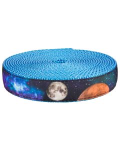 Black sky with stars, planets and galaxies on grosgrain ribbon sewn onto ice blue nylon webbing