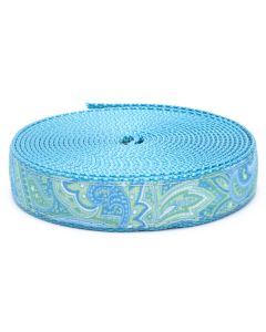Green and blue paisley patterns printed onto grosgrain ribbon sewn onto ice blue nylon webbing