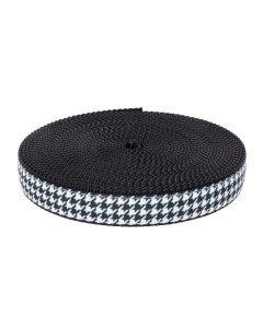 Black and white houndstooth grosgrain ribbon sewn onto black nylon webbing
