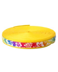 Yellow Nylon Webbing with Hawaiian Rainbow grosgrain ribbon that shows also the white hibiscus flowers