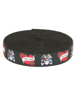 Black grosgrain ribbon with pirate skulls and hearts with "I love Mom" banners across it printed on it sewn onto black nylon webbing