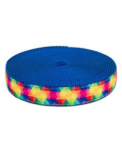 Kaleidoscope styled grosgrain ribbon sewn onto royal blue nylon webbing