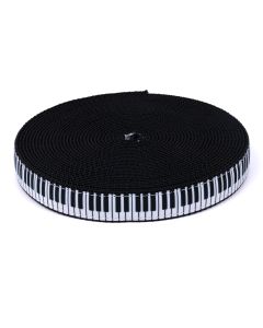 Piano keys printed onto grosgrain ribbon sewn onto black nylon webbing