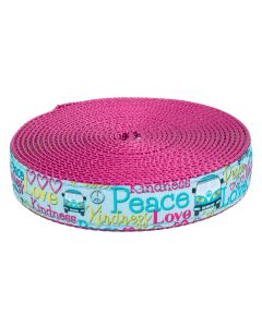Peace, Love, Kindness and Volkswagen Van and hearts on ribbon sewn on rose pink nylon
