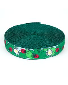 Leaves, daisies and ladybugs printed onto grosgrain ribbon sewn onto green nylon webbing