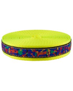 Hot yellow nylon webbing with blue jacquard ribbon that has sewn on cartoon dog bones that are multicolored sewn onto it