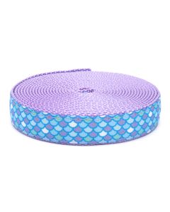 Blue, green, purple and white scales printed on grosgrain ribbon and sewn onto lavender nylon webbing