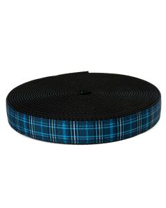 Navy blue plaid grosgrain ribbon sewn onto black nylon webing