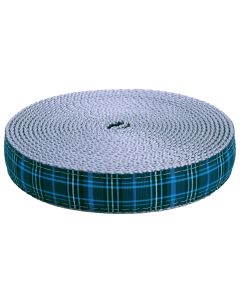 Navy blue plaid grosgrain ribbon sewn onto silver nylon webbing