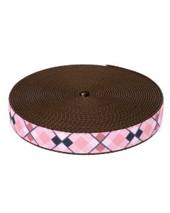 Grosgrain ribbon with different shades of pink and brown printed on it sewn onto brown nylon webbing