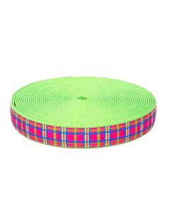 Pink grosgrain ribbon with blue, yellow and green lines making a plaid pattern sewn onto a hot green nylon webbing