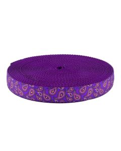 Purple grosgrain ribbon with paisleys printed on it sewn onto purple nylon webbing