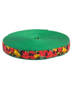 Grosgrain ribbon with poinsettias, bells, and holly printed on it sewn onto Christmas green nylon webbing